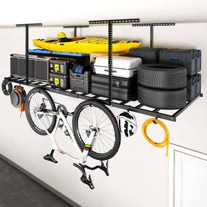 lot 206 image: $138 Safe Racks 4x8 Overhead Garage Ceiling Storage Rack with 10 Hooks, Heavy-Duty Metal Ceiling Racks, Storage Organization System