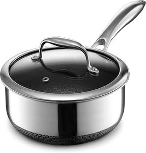 lot 248 image: $139 HexClad 2QT Hybrid Nonstick Saucier with Lid, Induction Ready  Stay-Cool Handles, Dishwasher and Oven Safe up to 900 F, Compatible with All Cooktops