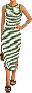 lot 2141 image: Zenlonr Womens Sleeveless Summer Dresses Casual Crochet Knit Sundress Striped Long Tank Dress Beach Slip Dress Green and White Small
