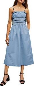 lot 2142 image: Wenrine Women Summer Spaghetti Strap Dress Sleeveless Tie Smocked Sundress A Line Vacation Beach Midi Dresses Blue Small