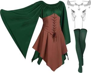 lot 2145 image: Haysandy 4 Pcs Women Elf Costume Halloween Renaissance Traditional Irish Dress Fairy Ears for Cosplay XL