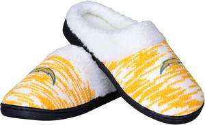 lot 2185 image: Officially Licensed NFL Los Angeles Chargers Slippers, Size Small (56) Sherpa Lined Footbeds and Cuffs, Bold Team Logo Embroidery & Textured Outsoles