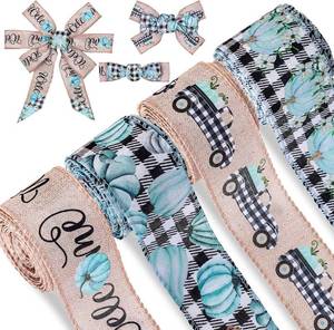 lot 2206 image: Whaline 30 Yards Fall Thanksgiving Wired Edge Ribbon Vintage Blue Pumpkin Craft Ribbon Plaids Pumpkin Truck Welcome Gift Wrapping Ribbons for Farmhouse DIY Floral Bow, 4 Rolls, 2 Inch
