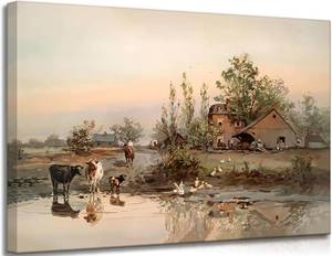 lot 2259 image: HLEOXPY Framed American Farm 90s Canvas Wall Art Retro Country Cows Farmhouse Barn Landscape Watercolor Painting Picture Wall Decor Poster Print Artwork for Living Room Office Bedroom Home Decoration 12 x 16