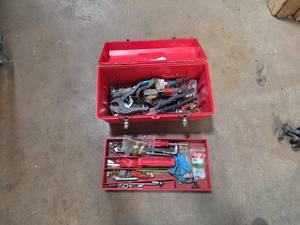 lot 7024 image: Red Metal Toolbox w Hand Tools & Plumbing Supplies