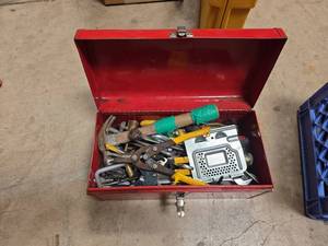 lot 7074 image: Red Metal Tool Box with Hand Tools & Accessories