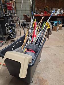 lot 7097 image: Janitorial Cleaning Tool Lot w Mops, Brooms, Brushes & Cart