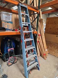 lot 7101 image: Blue Fiberglass A-Frame Ladder 8 ft
