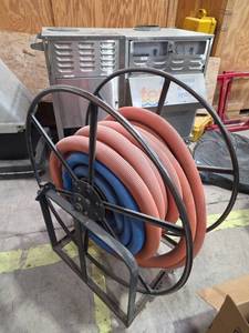 lot 7169 image: Industrial Hose Reel with Red & Blue Hoses