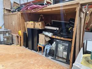 lot 7210 image: Wooden Storage Shed Cabinet w Black Interior Shelving