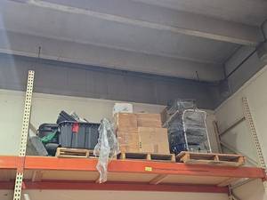 lot 7225 image: Storage Lot Wooden Boxes, Wire Shelving, Storage Containers