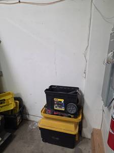 lot 7231 image: Lot of bins including one power cord one fan and one filter and a tool chest