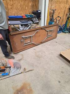 lot 7240 image: Wooden Counter or Bar Top Panel w Metal Handles 8 ft okay