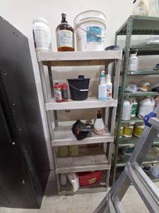 lot 7402 image: Plastic Shelving Unit With Chemical Supplies