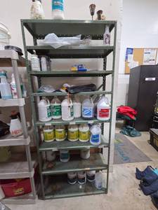 lot 7403 image: Industrial Metal Storage Shelving Unit w Cleaning Supplies