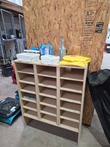 lot 7410 image: 3-Section Wood Shelving Unit w Multiple Compartments
