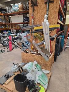 lot 7560 image: Lawn Care Tool Organizer Rack w Brushes & Accessories