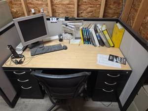 lot 7733 image: Black Steel Office Desk Workstation with Chair and Accessories