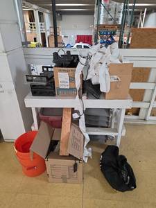 lot 7752 image: Wooden Table with Tool Storage & Home Depot Caddy