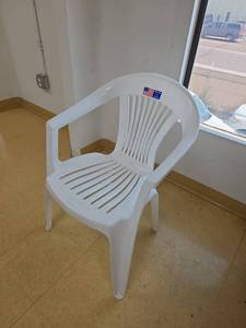 lot 7761 image: White Plastic Stacking Chair with Armrests
