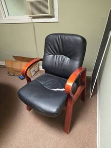lot 7793 image: Black Leather Office Chair with Red Wood Arms