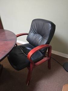 lot 7794 image: Black Leather Office Chair with Red Wood Frame