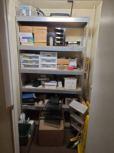 lot 7800 image: Metal Storage Shelving Unit w Cardboard Boxes & Office Supplies