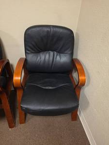 lot 7805 image: Black Leather Office Chair with Wood Arms