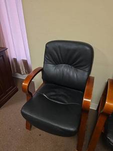 lot 7806 image: Black Leather Office Chair with Wood Arms