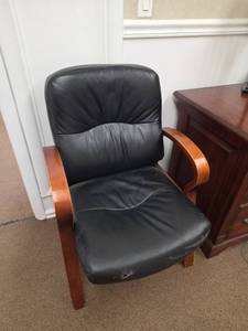 lot 7851 image: Black Leather Office Chair with Wood Armrests