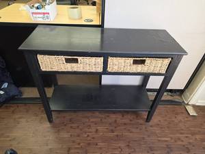 lot 7858 image: Black Console Table w Woven Baskets & Storage Shelf