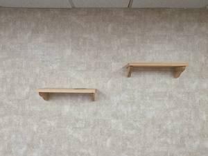 lot 7901 image: Wood Floating Wall Shelves with Brackets (Set of 3)