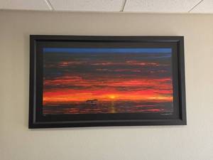 lot 7909 image: Framed Canvas Sunset Seascape Print w Animal Silhouette