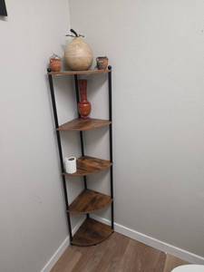 lot 7948 image: Corner Shelf Unit w Wood Shelves & Black Metal Frame