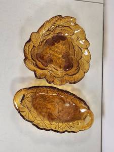 lot 97 image: Vintage Amber Pressed Glass Pinecone &amp Floral Serving Dishes Pair