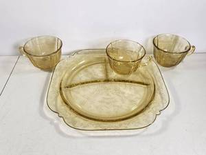 lot 98 image: Vintage Yellow Depression Glass Collection 3 Cups Serving Plate