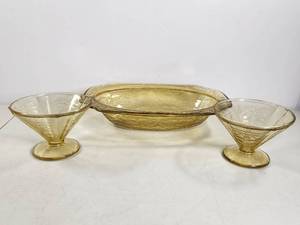 lot 99 image: Vintage Yellow Depression Glass Serving Set Sherbert Dishes Serving Bowl