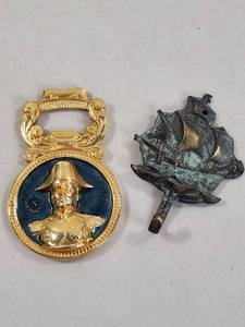 lot 121 image: Two Decorative Vintage Pieces Brass Ship Wall Hook and Napoleon Bottle Opener