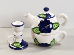 lot 130 image: Ceramic Tea Set with Teapot Cup and Candle Holder Blue Flower Design
