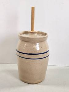 lot 131 image: Vintage Blue Stripe Stoneware Butter Churn With Lid and Wooden Dasher 6