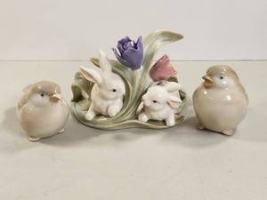 lot 147 image: Harmony House 3-Piece Porcelain Spring Figurine Set with Bunnies, Birds and Flowers