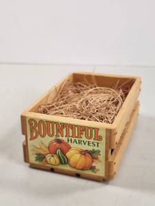 lot 167 image: Bountiful Harvest Mini Wooden Produce Crate with Straw Packing