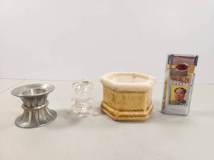 lot 168 image: Mixed Small Decorative Lot Candleholder, Crystal Bear Figurine, Ceramic Bowl, Lighter 4 pcs