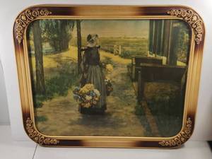 lot 186 image: Vintage Framed Landscape Print Woman with Flowers Ornate Cream and Brown Frame
