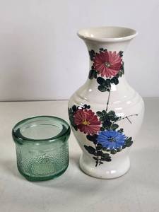 lot 193 image: Ceramic Vase with Floral Decoration and Green Glass Vessel