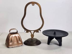 lot 196 image: Misc Lot Brass Bell Holder Midwest Candle Stand Copper Cowbell