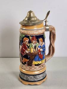 lot 199 image: Musical Ceramic Beer Stein with Lid and Spoon Tavern Scene