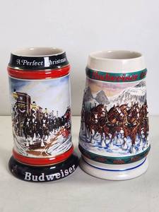 lot 205 image: Budweiser Holiday Stein Pair 1992 1993 Ceramic Beer Mugs