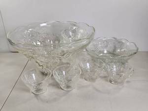 lot 239 image: Glass Punch Bowl Set with Grape Cluster Pattern 2 Bowls 11 Cups