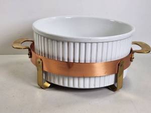 lot 244 image: White Ceramic Casserole Dish with Copper Serving Stand